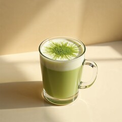A creamy keto matcha latte with almond milk, topped with a frothy layer and a sprinkle of matcha powder, served in a clear glass mug