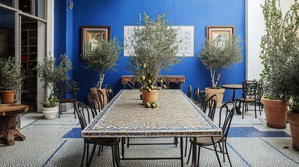 Obraz premium A Mediterranean dining area with a mosaic-tiled rectangular table