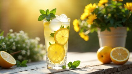 Fototapeta premium A refreshing keto lemonade in a tall glass, garnished with lemon slices, fresh mint, and ice cubes, placed on a summer-themed table