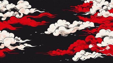 Red and white clouds in asian oriental style on black background. 