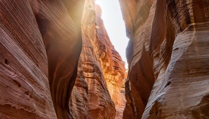 좁은 협곡 틈새로 낮 태양빛이 수직으로 비춰 황금빛 기둥을 형성