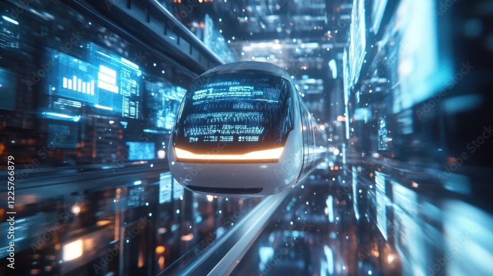 Poster futuristic, driverless, high speed train moving through smart, digital city with data stream, comput