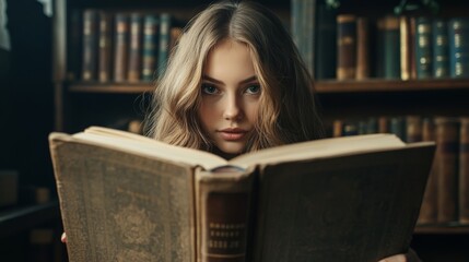 Successful stylish girl hides behind the book isolated in studio