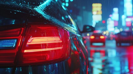A lively city street at night showcasing a close up of a car tail light amidst rainy conditions