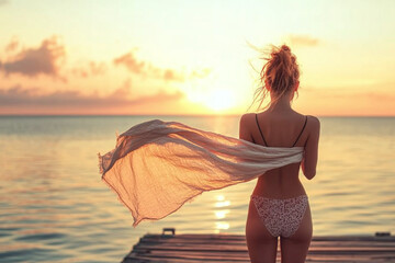 Elegant woman enjoying a serene sunset on a pier, dressed in swimwear and holding a flowing scarf