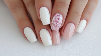 Elegant manicure with white and pink nails, floral design