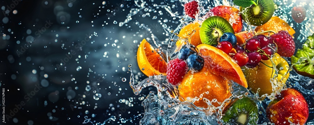 Aufkleber fresh fruit variety splashing into clear water creating a refreshing healthy design