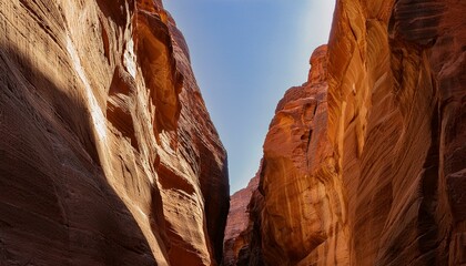좁은 협곡 틈새로 낮 태양빛이 수직으로 비춰 황금빛 기둥을 형성
