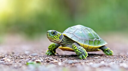Obraz premium Baby turtle walking on forest ground, nature background, wildlife, pet