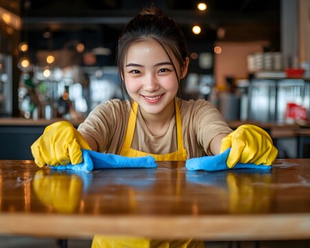Smiling Woman Cleaning Table in Cafe, Happy Cleaner Wiping Counter