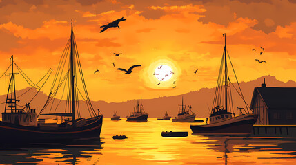 A sunset over a busy harbor boats silhouetted against the orange glow scenic waterfront tranquil evening serene atmosphere nautical bliss. Dream Haven. Illustration