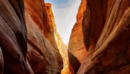 좁은 협곡 틈새로 낮 태양빛이 수직으로 비춰 황금빛 기둥을 형성