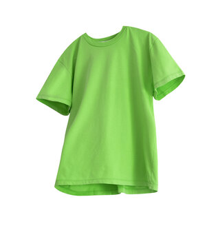 Green summer shirt isolated on white. Cotton t-shirt flying single object.Regular style clothes, nobody.