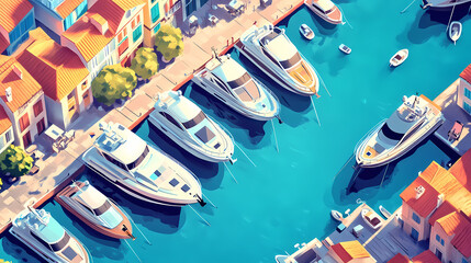Aerial view of luxury yachts docked in a coastal town. Dream Haven. Illustration
