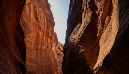 좁은 협곡 틈새로 낮 태양빛이 수직으로 비춰 황금빛 기둥을 형성