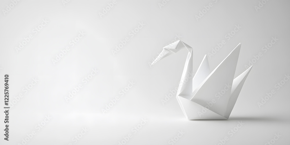 Poster a pristine white origami swan gracefully sits on a minimalist white background. the intricate folds 