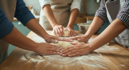 Team of diverse adults kneading dough together in kitchen