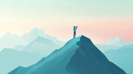 vision for success ideas. businessman's perspective for future planning. Silhouette of man holding binoculars on mountain peak against bright sunlight sky background.