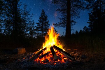 A mesmerizing campfire crackles and glows in the heart of a tranquil forest, illuminating the surroundings under a rich starry night sky. Trees stand tall as shadows dance