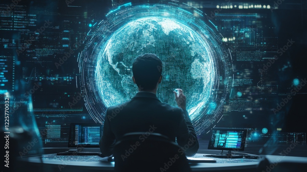 Aufkleber close up of businessman hand using abstract globe sphere hologram with coding and polygonal network 