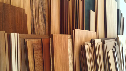 A variety of wood planks and sheets, in various colors and grains, are stacked neatly.  Perfect for crafting and construction projects.