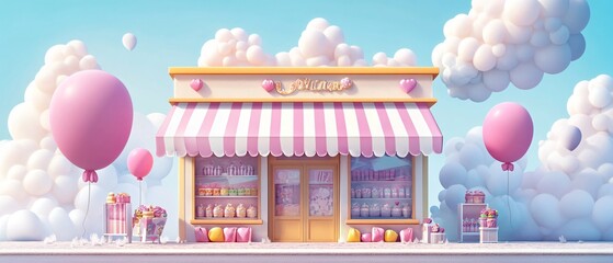 Vibrant Candy Shop Facade with Pastel Balloons - Tempting Confectionery Store Exterior Displaying Colorful Decorations and Sweet Treats