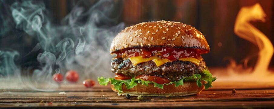 Freshly grilled burger with melted cheese and sauce, steaming on a wooden table