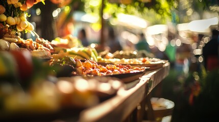 Abstract blur image of food stall at day festival in garden with bokeh for background usage  (vintage tone)
