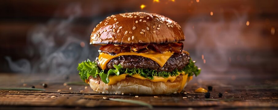 Mouthwatering burger with melted cheese and crispy bacon is steaming on a rustic wooden surface