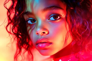 Stunning calm mixed-race girl - for ads, banner ad and digital marketing use. Long coiffure - beach waves hair. Commercial ad campaign artwork design. Black woman glamorous. Long hair models.