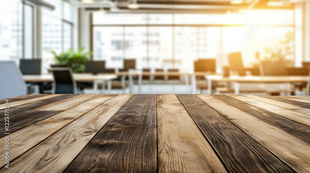 Poster rustic wooden tabletop with a blurred modern office background illuminated by natural light. ideal f