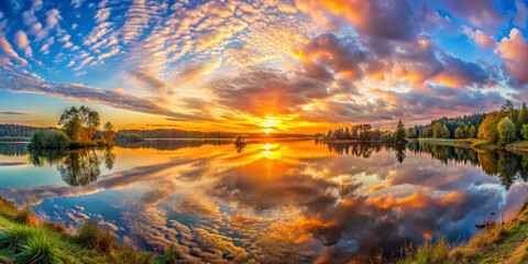 Obraz premium A vibrant sunset casts golden hues over a tranquil lake. The sky is filled with colorful clouds, while the water mirrors the stunning display, surrounded by lush greenery