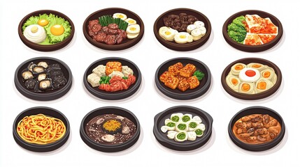 Authentic Korean Food Dishes Collection in Wide Angle Centered Composition for Culinary Promotion