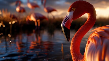 Flamingo Flock in Wetland, vibrant pink birds wading in shallow waters, showcasing intricate feather patterns and serene habitat.