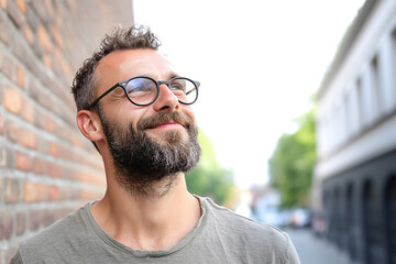 Man Smiling Brightly in an Urban Setting