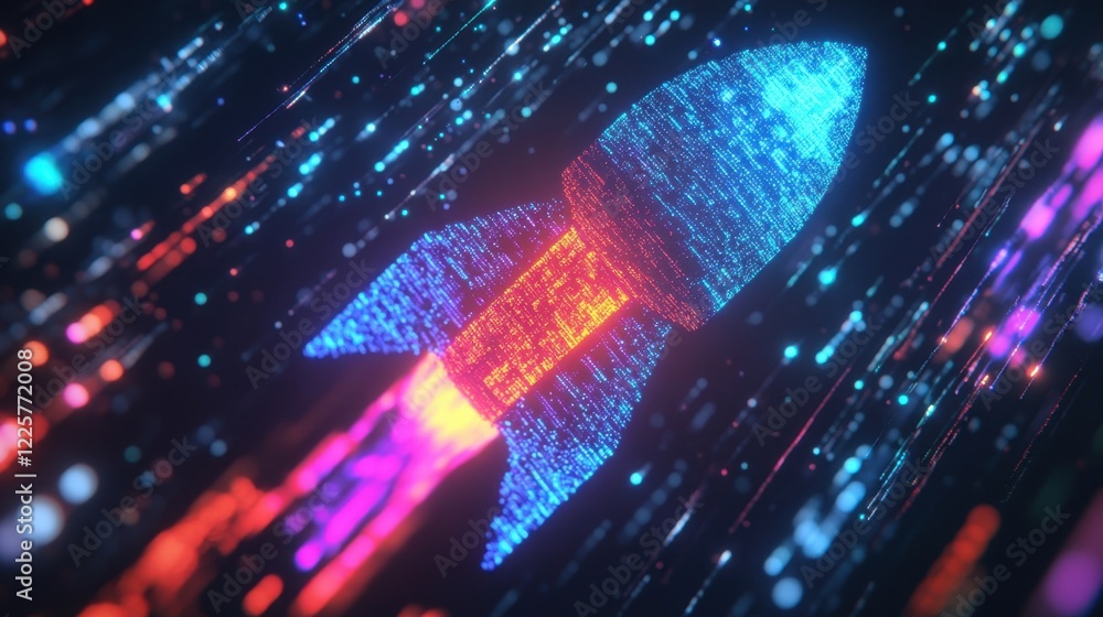 Poster binary code forming a colourful rocket shape flying through cyberspace, representing a startup launc