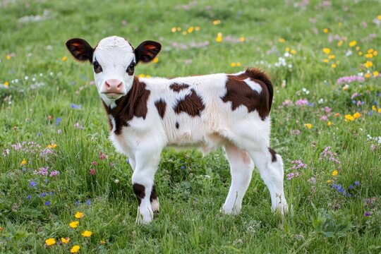A newborn calf stands curiously in a lush green field filled with colorful wildflowers, embodying the spirit of spring renewal and new beginnings in nature