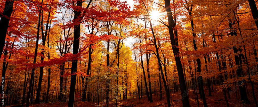 Poster majestic trees adorned with red and gold foliage create a stunning display of autumn colors. sunligh