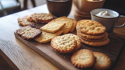 Variety of biscuits arranged on a wooden platter in a cozy setting perfect for an afternoon snack or tea time gathering