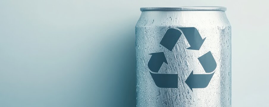 Global recycling day with sustainability and resources idea. Recycling symbol on a wet aluminum can against a soft background