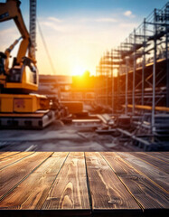 Empty steel table with blurred construction site backdrop, featuring machinery and scaffolding, ideal for industrial, hardware, or building product displays