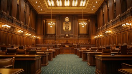 Obraz premium Empty American Style Courtroom. Supreme Court of Law and Justice Trial Stand. Courthouse Before Civil Case Hearing Starts. Grand Wooden Interior with Judge's Bench, Defendant's and Plaintiff's Tables.