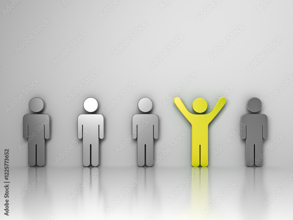 Poster stand out from the crowd and different creative idea concepts one gold man standing with arms wide o
