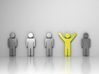 Stand out from the crowd and different creative idea concepts One gold man standing with arms wide open among silver people on grey background with reflections and shadows 3D rendering