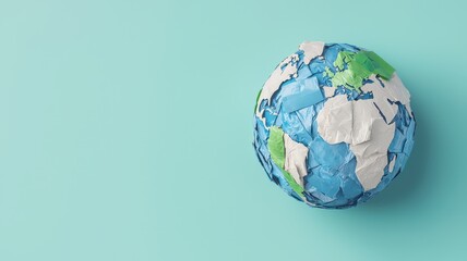 Global recycling day with sustainability and resources idea. Colorful globe made with recycling materials on a turquoise background.