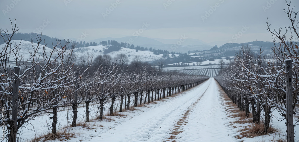Poster vineyard rows line a snowy path, highlighting a serene winter day. leafless vines stretch towards di