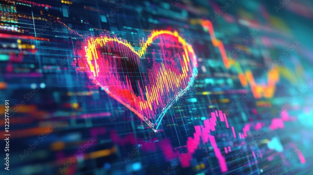 Poster glowing lines of code form a vibrant heart shape on a dynamic digital display, symbolizing the inter