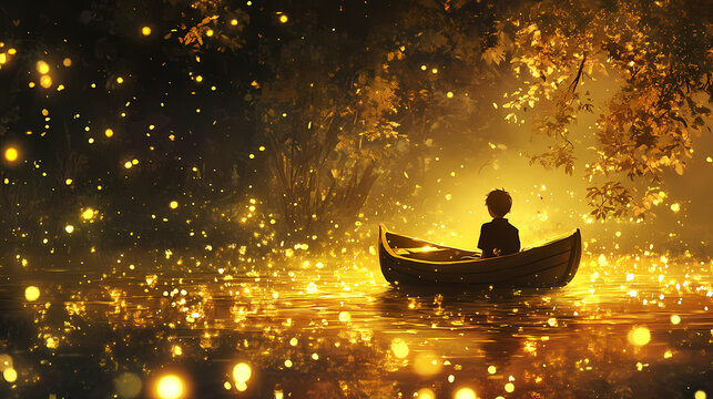 Gorgious a boy is sitting in a boat on the water dream scenery art among wonderful golden fireflies. Dream Haven. Illustration