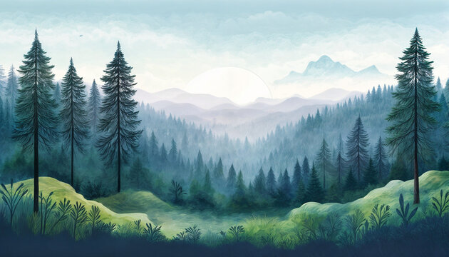 Nebel &uuml;ber einer sch&ouml;nen Wald Landschaft gemalte Illustration in aquarell	
