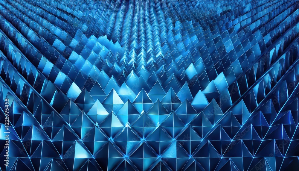 Poster vibrant neon geometry modern 3d textured surface with triangular pyramids glowing beneath a deep blu